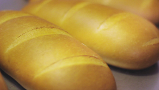 工厂生产线上的烤面包新鲜白背景视频