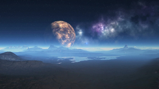 岩石地貌被白雾覆盖巨大的行星和星空视频