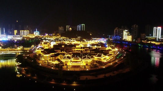 航拍贵州铜仁古城夜景视频
