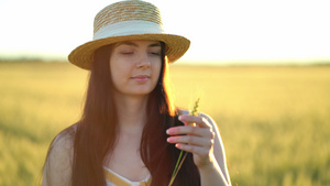 戴帽子的美丽的年轻女士手里握着小麦耳朵20秒视频