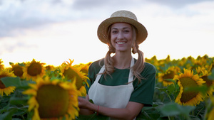 女农艺师站在农业向日葵田白种女性农民草帽肖像农业综合18秒视频