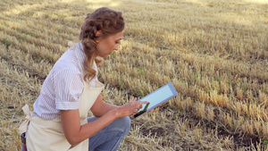女性农民草帽智能农业坐在农田微笑使用数字平板电脑女性13秒视频