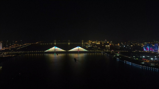 航拍城市道路桥梁交通车流夜景视频