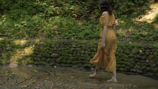 在溪流中赤脚走路的美女视频