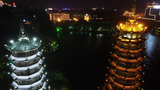 广西桂林日月双塔夜景灯光航拍视频视频