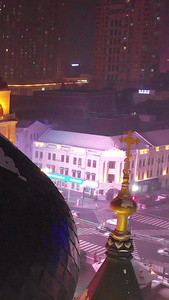 航拍冬天哈尔滨地标圣索菲亚大教堂视频