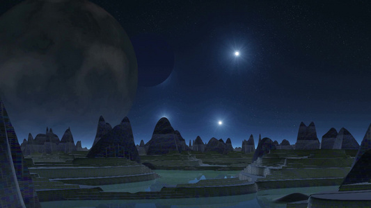 星空的夜间有两颗巨大的行星四周环绕着耀眼的闪光天体视频