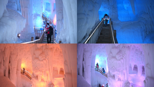 合集山西旅游临汾5A级云丘山景区冰洞群欣赏奇观的游客4k素材视频