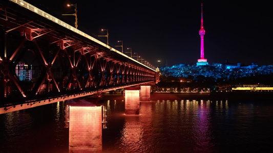 武汉长江大桥夜景航拍视频