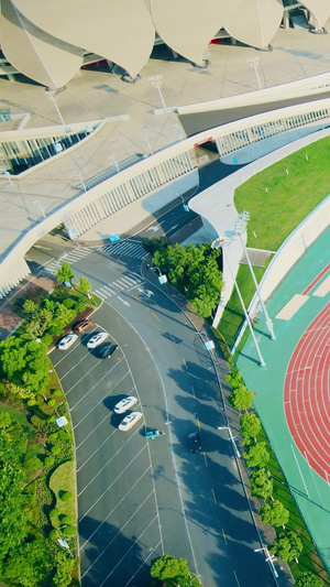 航拍震撼阳光下的杭州奥林匹克足球场21秒视频