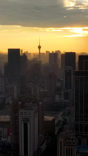 成都市宣传片素材清晨日出光辉绝美奇观航拍成都天府广场104秒视频