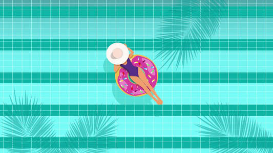 在游泳池的女孩游泳用粉色的可充气甜甜圈视频
