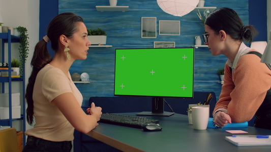 在计算机上共同工作的两个科列格并模拟绿色屏幕染色体视频