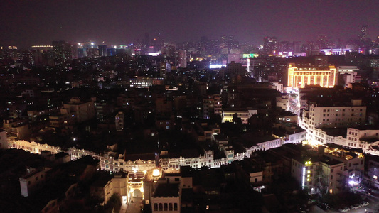 航拍海南海口骑楼老街夜景视频