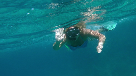 妇女在红海中与浮潜游泳视频