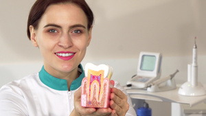 快乐的女牙医把健康的牙齿模型放在相机上11秒视频