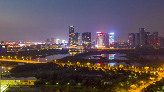 义乌梅湖城市夜景航拍延时视频