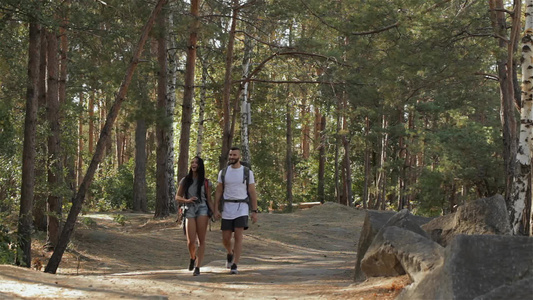 远足夫妇在森林散步视频