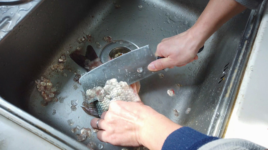 美食烹饪刀具刮掉鱼鳞视频