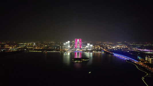 航拍江苏苏州金鸡湖东方之门夜景  视频