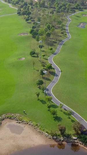高清航拍高尔夫球场风景绿地春天阳光明媚86秒视频