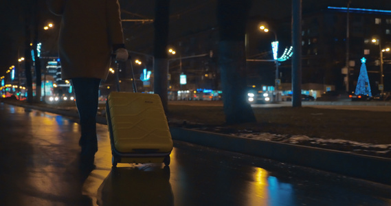 在城市街道上妇女带着推车袋走在街上视频