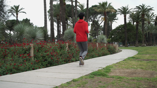 女人在公园后面的风景里慢跑视频