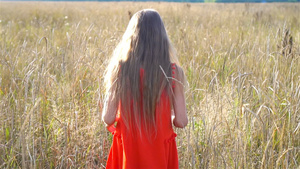 美丽的金发小女孩开心快乐的笑脸红裙子26秒视频
