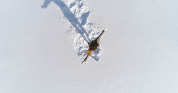 长发的年轻女子在阳光明媚的冬天天雪中转动从上面看慢动作视频