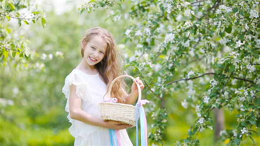 可爱的小女孩在美丽的春日在盛开的苹果园视频
