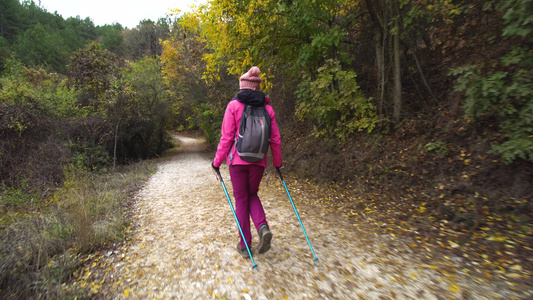 带着杆子和背包在泥土路上行走的徒步女孩在秋天旅行和视频