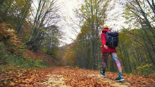 背着背包在泥土路或小径上行走的徒步女孩低角度后视秋季旅行视频