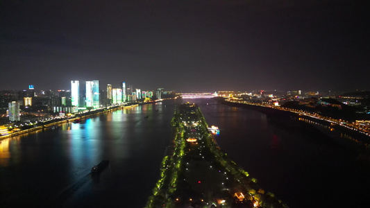 航拍湖南长沙橘子洲大桥夜景 视频