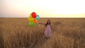 女孩拿着气球在田里行走21秒视频