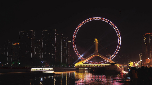 天津之眼夜景烟花著名旅游景点网红打卡地摩天轮分手轮都市风景地标灯光秀河面摩天大楼红桥区海河畔永乐桥视频