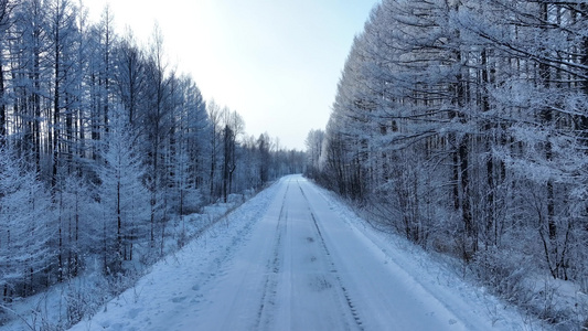 大兴安岭林区道路冬季冰雪路面雪路视频