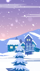 插画风冬天雪景房子走屏背景视频圣诞节视频