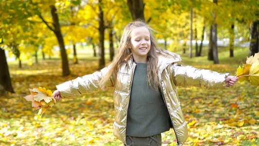 秋天带着黄色叶子花束的可爱小女孩肖像视频