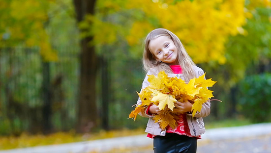 在美丽的秋天用黄色和橙色叶子在户外拍摄可爱的小女孩视频