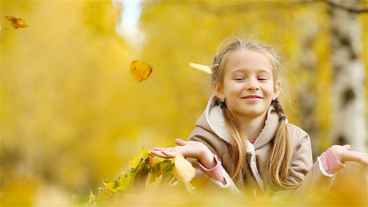 可爱的小女孩在秋天的黄色叶子花束的画像躺在树叶地毯视频
