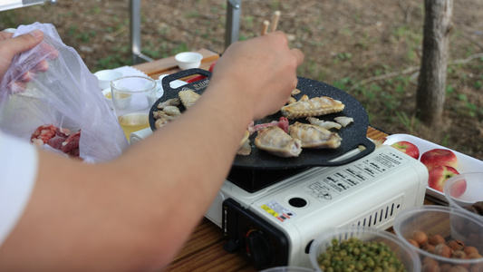 烤肉户外露营烤肉特写视频