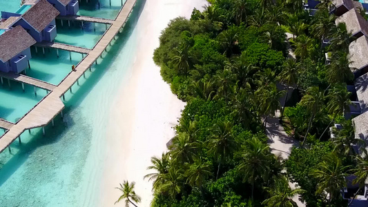 日出后由松绿的环礁湖和白色沙滩背景进行的天堂泻湖海滩视频