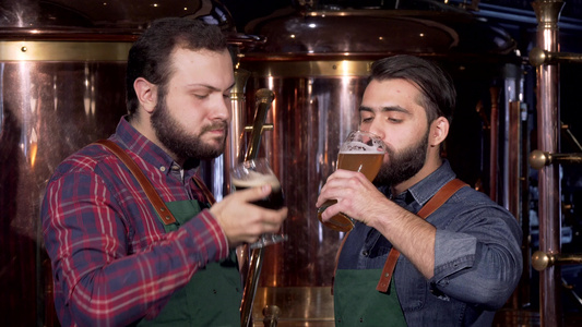 两家专业酿酒师一杯杯相交一起喝令人厌恶的手工艺啤酒视频