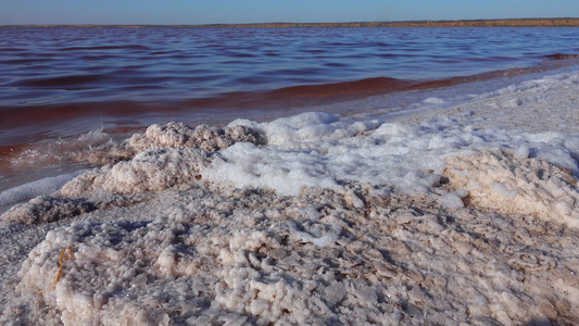 白泡沫和桌盐水晶体覆盖盐湖岸上的石块包括盐湖边的石块视频