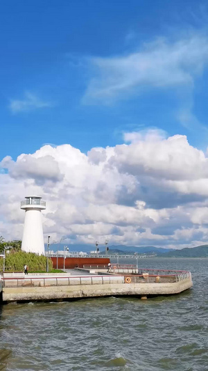 晴朗的天空下海岸边的灯塔竖屏竖版本视频21秒视频