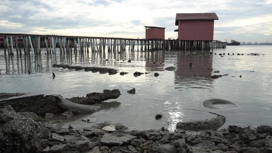 海岸的旧车轮胎背景是部族码头的木桥视频