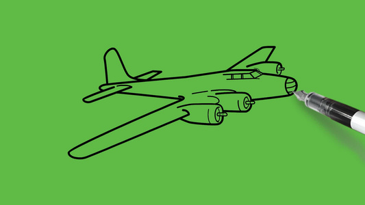 在抽象绿色背景下绘制黑色和蓝色组合的战斗机平面Black视频