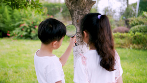 4k实拍小朋友在户外用放大镜认真观察远处植物24秒视频