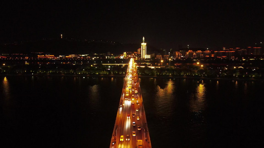 长沙湘江橘子洲大桥夜景航拍视频