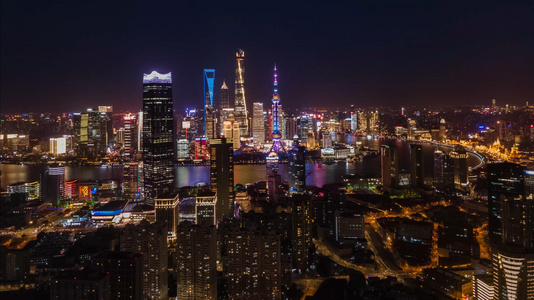 4k上海地标夜景东方明珠外滩航拍移动延时摄影视频